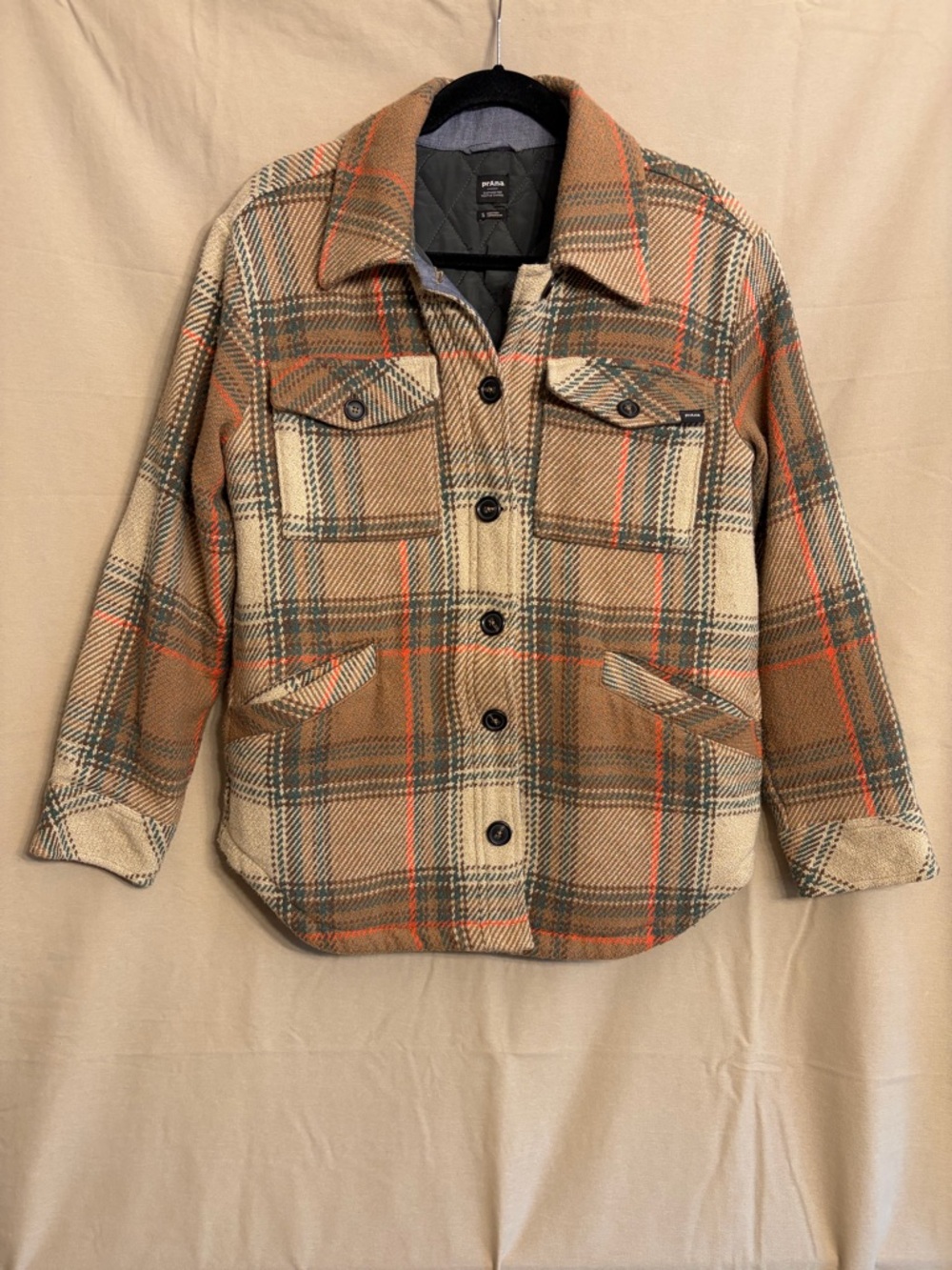 Prana Plaid Shacket Jacket in Tan, Cream & Orange
